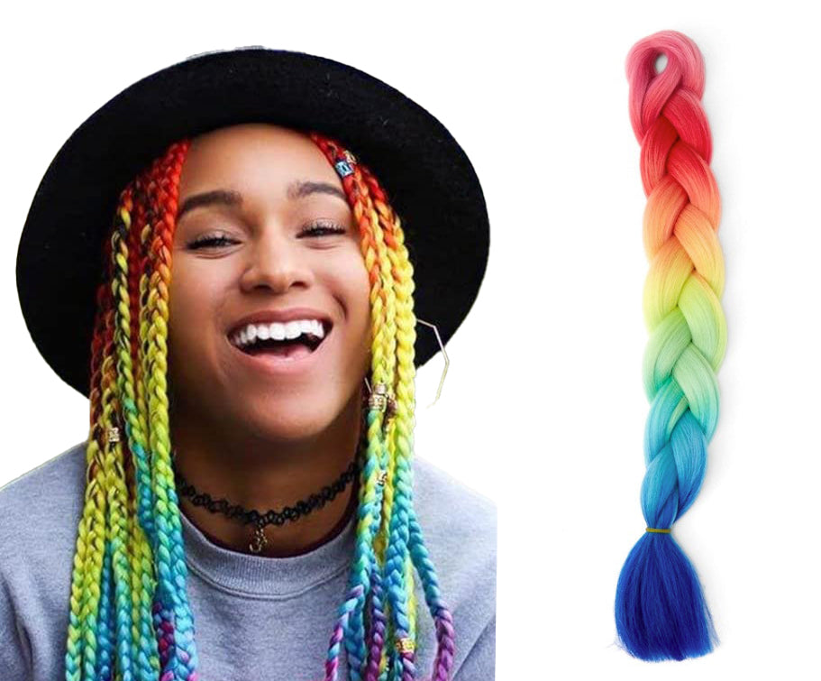 Extensie de par sintetic pentru impletituri, Zola®, ombre rosu galben albastru, 60 cm Extensie de par sintetic pentru impletituri, Zola®, ombre rosu galben albastru, 60 cm